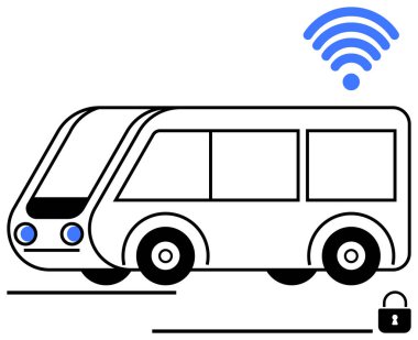 Kablosuz bağlantıya sahip otonom otobüs aracın üstündeki mavi sinyal ikonu ve güvenlik kilidi ikonu tarafından resmedildi. Ulaşım, teknoloji, güvenlik, akıllı sistemler, hareketlilik, gizlilik için ideal