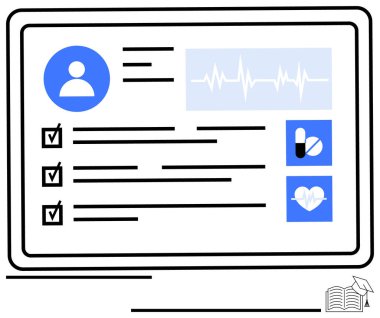 Hasta profili, sağlık ölçümleri, kontrol listeleri, ilaç ikonları ve kalp atışı aktiviteleri içeren dijital sağlık paneli. Sağlık, tıp, teknoloji, organizasyon veri yönetimi için ideal