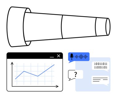 Teleskop, veri grafiği, ses giriş simgesi, ikili kod ve sohbet kutularının yanında öngörüyü sembolize ediyor. Teknolojik yenilik, araştırma, iletişim, veri analizi, yapay zeka geleceği görme için idealdir.