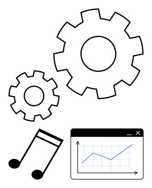 İki vites, müzik notaları ve tarayıcı penceresindeki çizgi grafiği yaratıcılığı, işbirliğini, veri analizini ve yeniliği sembolize eder. Üretkenlik, takım çalışması, teknoloji eğlencesi için ideal
