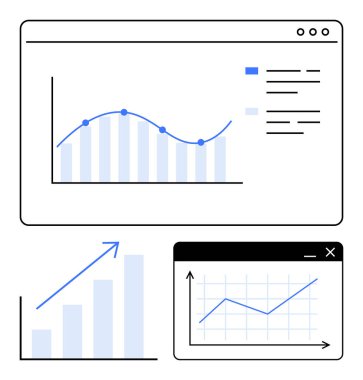 Dinamik grafikleri olan analitik gösterge paneli, bar çizelgesi, çizgi grafiği ve büyüme eğilimi göstergeleri de dahil. Veri analizi, performans takibi, iş büyümesi, finansal içgörü ve raporlama için ideal