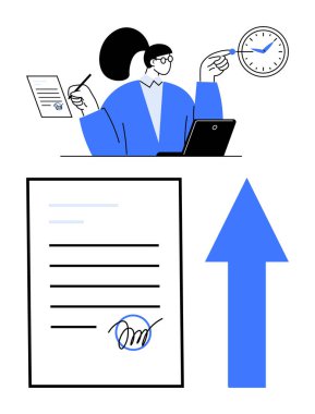 Masadaki kadın saati gösteriyor ve belgeleri imzalıyor. Zaman yönetimini, iş verimliliğini vurguluyor. İş, verimlilik, liderlik, organizasyon, başarı takibi için ideal. Düz