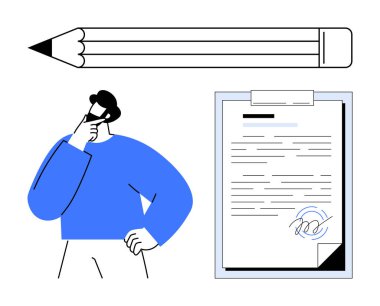 İmza taşıyan resmi bir belge, yazı ve taslağı sembolize eden büyük bir kalem. Planlama, hukuk, eğitim, iş, analiz, yaratıcılık verimliliği için ideal. Düz basit