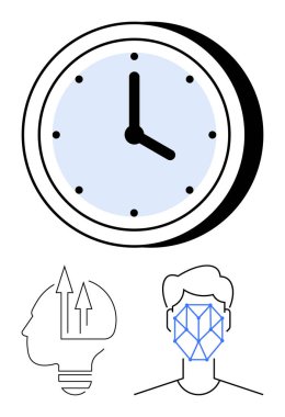 Kalın çerçeveli ve siyah elli duvar saati, yaratıcılık için yukarı doğru oklu insan kafası ana hatları, geometrik ızgarayla çizilmiş yüz hatları. Zaman yönetimi için ideal, yenilik, teknoloji, yapay