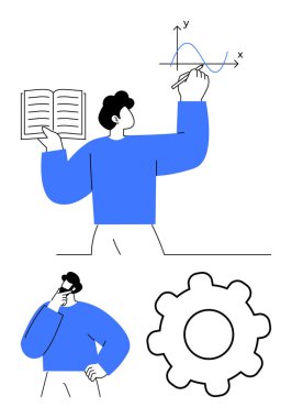 Grafik denklemleri yazan bir adam, çenesini tutarak düşünen başka bir adam, açık kitap ve vites şeklinde. Eğitim, yenilik, takım çalışması, strateji, analitik iş çözümleri eğitimi için idealdir. Düz basit