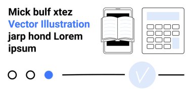 Açık bir kitap, hesap makinesi ve onay işareti simgesiyle ilerleme çubuğu gösteren tablet dijital öğrenmeyi öneriyor. Eğitim, e-öğrenim, öğrenim, dijital araçlar, teknoloji, çevrimiçi kurslar için ideal