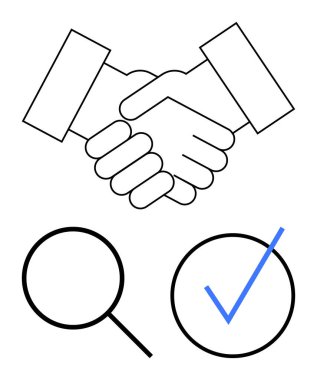 Büyüteç üzerindeki ortaklığı temsil eden bir tokalaşma ve onaylama ve onaylama anlamına gelen mavi bir işaret. Güven, takım çalışması, işbirliği, onaylama, başarı, anlaşma için ideal