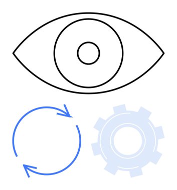 Geometrik göz cesur bir taslak, dairesel oklar ve optimizasyon için vites sembolü. Vizyon, yaratıcılık, ilerleme, strateji, yenilik, verimlilik için ideal basit