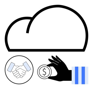 Tokalaşma ve yazı-tura atmanın üstündeki bulut ana hatları online iş, ortaklık ve alım-satım olduğunu gösteriyor. Finans, işbirliği, teknoloji, bulut depolama, iletişim, takım çalışması için ideal