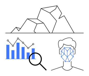 Dağ başparmakları geometrik şekiller, tanıma ızgarası olan bir insan yüzü ve büyüteçle analiz edilmiş bir çubuk grafiği. Yapay zeka, veri bilimi, biyometri, analiz, teknoloji ve araştırma için ideal