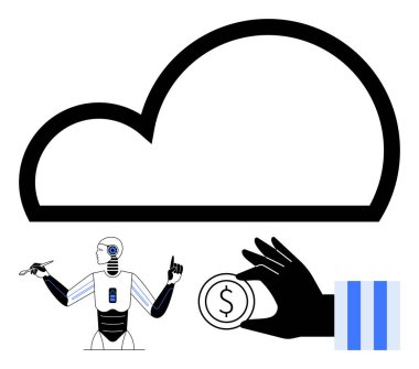 Fütürist robotların görev yaptığı büyük bulut şekli, el ele tutuşan para ve arayüz çizgileri. Yapay zeka, finans, bulut hesaplama, yenilik, teknolojik çözümler, otomasyon için ideal