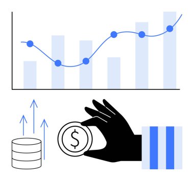 Çizgi çizelgesi yukarı doğru eğilimi gösteriyor. Yükselen oklu bozuk paralar, el ele tutuşan dolar paraları. Veri analizi, finans, yatırım, büyüme, iş planlaması ve dönüşüm için ideal