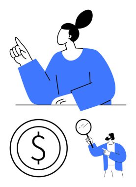 Düşünce içinde parmağını kaldıran kadın, para kavramlarını büyüten cam teftişi, dolar para birimi sembolü. İş için ideal, analiz, düşünce süreci, beyin fırtınası, karar verme, finans