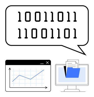 Konuşma balonunda ikili kod, pencerede çizgi çizelgesi ve monitörde belgeler olan klasör. Programlama, veri depolama, analitik, bulut hesaplama, yazılım geliştirme, dijital güvenlik için ideal