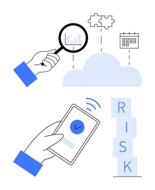 Grafiğin üzerinde büyüteç, bulmaca parçaları, takvim işaretli cep telefonu, risk blokları, bulut. Analiz, bulut hesaplama, işbirliği planlama, güvenlik sorunu çözme için ideal