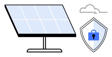 Arka planda asma kilit ikonu ve bulut olan bir güvenlik kalkanının yanındaki güneş paneli. Sürdürülebilir enerji, güvenlik, teknoloji entegrasyonu, yeşil enerji, veri koruması, bulut depolaması için ideal