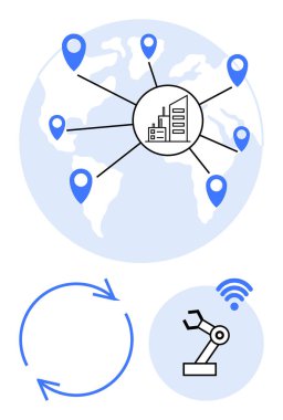 Fabrika dünya haritasındaki konum işaretleri, robotik kol otomasyonu, dairesel oklar aracılığıyla küresel olarak birbirine bağlı. Küreselleşme, tedarik zinciri, otomasyon, geri dönüşüm, endüstri, verimlilik için ideal