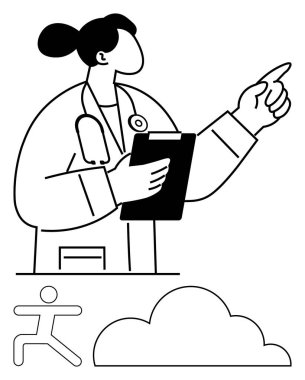 Steteskoplu ve panosu yukarıya bakan kadın doktor rehberliği sembolize ediyor. Sağlık, yenilik, liderlik, takım çalışması, hedef belirleme, refah motivasyonu için idealdir. Minimalist düz
