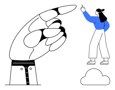 Bir kadın yukarı bakan bir bulutun üzerinde dururken dev el hareketleri liderlik, yön, hırs, vizyon, güç, karar verme ve büyümeyi temsil eder. Basit bir daire için ideal