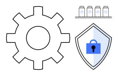 Çarklar, asma kilitli kalkanlar ve mekanizmayı, güvenliği ve depoyu temsil eden kavanozlarla dolu raflar. Konseptler için ideal teknoloji, siber güvenlik, koruma, veri işleme