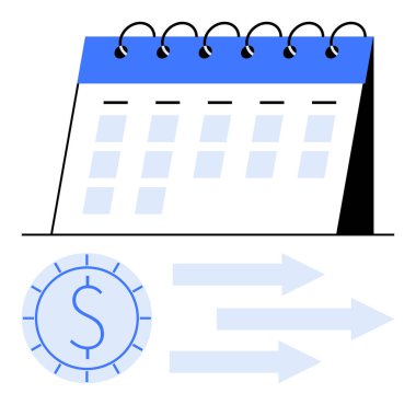 İşaretli tarihleri, para birimini ve finansal işlemleri veya iş akışını gösteren okları gösteren bir takvim. Zamanlama, bütçe, planlama, finans, zaman yönetimi, son teslim tarihleri verimlilik için ideal