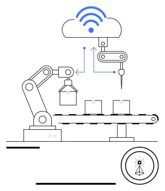 Robot kol, kablosuz sinyallerle buluta bağlanırken taşıyıcı banttaki nesneleri hareket ettirir. Teknoloji, otomasyon, loto, akıllı fabrika, üretim, yenilik, iş akışı için ideal. Düz basit