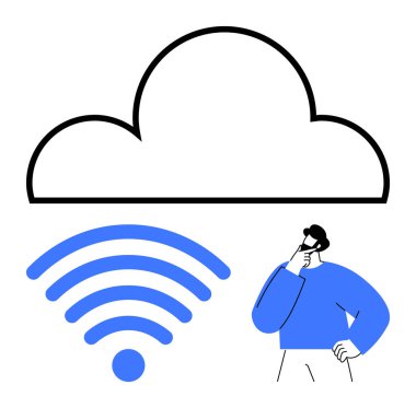 Kablosuz sinyalin üzerinde bulut çizimi ve mavi elbiseli düşünceli bir insan. Bulut teknolojisi, veri depolama, internet bağlantısı, uzaktan erişim, yenilik, dijital çözümler için ideal