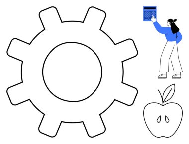 Çalışmayı ya da teknolojiyi sembolize eden dişli, hesaplamayı ya da analizi resmeden bir hesap makinesi olan bir kişi ve sağlık ya da eğitimi temsil eden bir elma. Üretkenlik, sağlık ve teknoloji için ideal.