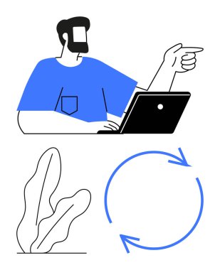 Dizüstü bilgisayarı olan, dışını gösteren, dairesel geri dönüşüm okları ve bitkiyle eşleştirilmiş bir adam. Takım çalışması, üretkenlik, çevre dostu kavramlar, sürdürülebilirlik, karar verme, liderlik için ideal