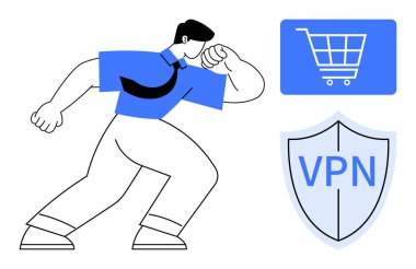VPN rozet ve alışveriş arabalarını koruyan iş adamı, çevrimiçi gizlilik, e-ticaret güvenliği ve veri korumasını vurguluyor. Siber güvenlik, VPN, e-ticaret, online alışveriş, dijital güvenlik için ideal