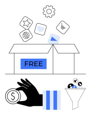 Uygulama simgeleriyle etiketlenmiş kutu, kullanıcı avatarlarıyla huni, el ele tutuşan para. Dijital pazarlama, e-ticaret, lider nesil, promosyon, markalaşma, satış analizi için idealdir.