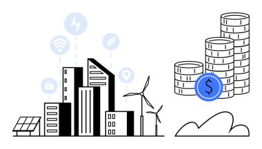 Güneş paneli olan kentsel ufuk çizgisi, rüzgar türbinleri ve para yığınlarında büyüme. Teknoloji, ekonomi, çevre, sürdürülebilirlik, enerji verimliliği, akıllı çözümler için bağlantı simgeleri