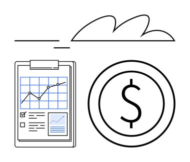 Analiz çizelgesi, dolar para sembolü, minimum çizgiler ve bir bulut. Finans, büyüme, yatırım, analitik, strateji planlama iş trendleri için ideal sade metafor