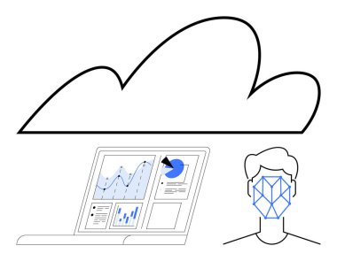 Dizüstü bilgisayarın üstündeki bulut grafiği analitik gösterge panelini çizelgelerle, insan yüzünü ise geometrik yüz örgüsüyle gösteriyor. Teknoloji için ideal, yapay zeka, büyük veri, güvenlik, yenilik, bulut hesaplama, iş