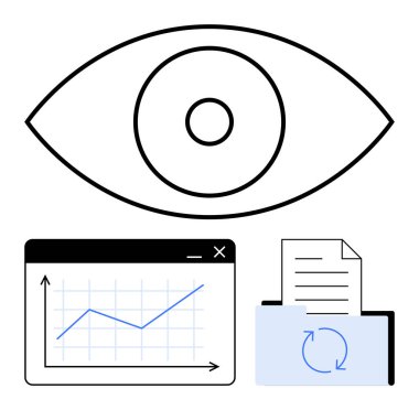 Monitördeki bir grafiğin üstündeki göz ve senkronize dokümanlı bir klasör. Veri analizi, izleme, eşzamanlama, raporlama, büyüme, bilgi paylaşımı için ideal, düz basit metafor