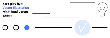 Bir ampul ikonu, üç daire ve yatay çizgilerle sadeleştirilmiş düzen. Örnek metin içerir. Yaratıcılık, yenilik, minimalizm, şablonlar, kullanıcı arayüzü grafik tasarımı ve web için ideal