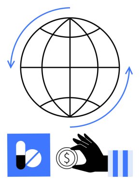 Oklu bir dünya, ilaç hapları ve madeni parayı tutan bir el sağlık, ilaç ve finansal değişimi temsil ediyor. Sağlık, ekonomi, ticaret ve küreselleşme için idealdir.