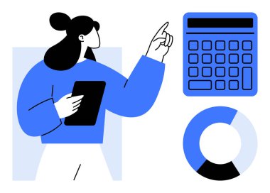 Tableti tutan kadın, yanında pasta grafiği olan büyük hesap makinesini işaret ediyor. Finans, analitik, bütçe, ekonomi, eğitim ve teknoloji planlaması için ideal. Düz basit metafor