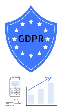 Yıldızlı mavi GDPR kalkanı, faturalı ödeme terminali ve yükselen büyüme tablosu. Veri gizliliği, uyum, veri koruması, iş stratejisi, güvenlik analitik düzenlemesi için ideal. Düz