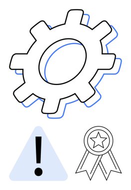 Uyarı üçgeninde dişli dişli dişli, ünlem işareti, ve yıldız rozeti ikonu sistem işlevselliğini, uyarıları ve mükemmelliği temsil ediyor. Teknoloji, kalite, uyarı ve uyarı için ideal