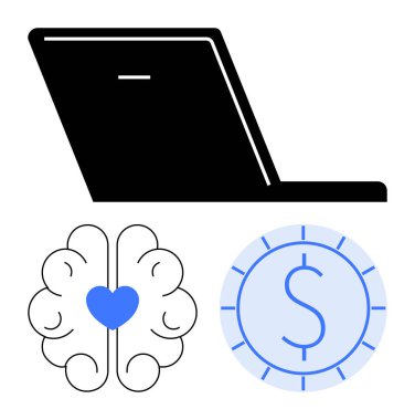 Laptop, kalp aşılanmış beyin, ve madeni para sembolü teknolojisi, duygusal zeka, finansal büyüme. Yenilik, dijital ekonomi, denge ve karar verme verimliliği için ideal