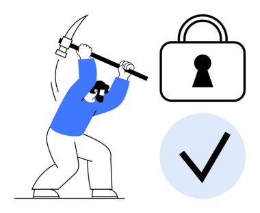 Asma kilidi kırmaya çalışan bir kazma, onaylanmış güvenliği simgeleyen büyük bir kontrol işareti. Siber güvenlik, çevrimiçi güvenlik, veri koruması, hack önleme, bilişim güvenliği için ideal