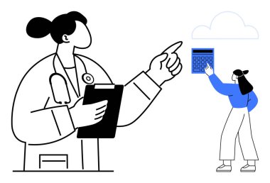 Doktor pano tutuyor ve işaret ediyor, kullanıcı bulut simgesi altında cihazdaki verilere erişiyor. Teletıp, teknoloji, danışma, takım çalışması, yenilik, sağlık hizmetleri karar verme süreci için idealdir. Düz basit