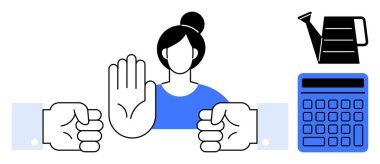 Bir kadın, elinde hesap makinesi ve sulama kutusuyla iki uzanmış el hareketini durduruyor. İhtilaf çözümü, müzakere, finans, büyüme yönetimi ve yatırım için ideal