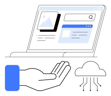 Dijital ağ hatları ile medya tarama ve bulut içeren bir dizüstü bilgisayar ile elini aç. Veri paylaşımı, teknoloji, bulut hesaplama, dijital yenilik, çevrimiçi depolama, bilişim çözümleri, düz