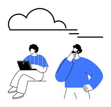 İki kişi bulut bilgisayarıyla uğraşıyor, biri dizüstü bilgisayarda çalışırken diğeri düşünüyor. Yenilik için ideal, takım çalışması, teknoloji, planlama, uzaktan çalışma, strateji, düz basit