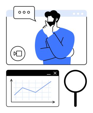 Tarayıcı penceresinde sanal çağrı sırasında düşünen bir adam, yukarı doğru eğilimli grafik çizelgesi ve büyüteç. Uzaktan çalışma, veri analizi, çevrimiçi öğrenme, karar verme ve araştırma için ideal