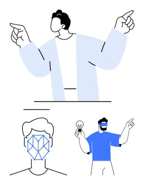 Soyut figürler jest yön bulma, yüz tanıma ve yaratıcılık ve teknoloji için bir ampul taşıyor. Yapay zeka, veri güvenliği, yenilik, insan-bilgisayar etkileşimi için ideal