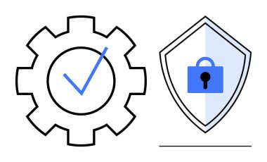 İşaretli dişli sistem işlevselliğini gösterir, kilidi olan kalkan da veri korumasını temsil eder. Teknoloji verimliliği, siber güvenlik, yazılım bakımı, sistem güncellemeleri, kalite güvencesi için ideal