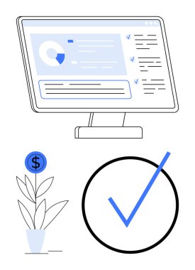 Bilgisayar ekranında, bir dolar işareti ve kalın işaretli bir bitkinin yanında analitik görüntüler var. Mali ilerleme, üretkenlik, başarı, yatırım izleme, hedef başarı, büyüme için ideal